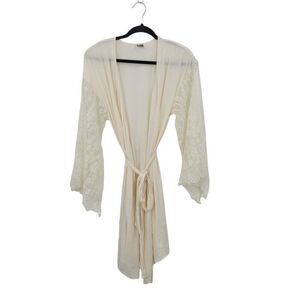 Vintage-Inspired Cream Robe Sz S Sheer Lace Kimono Sleeves Waist Tie Bridal